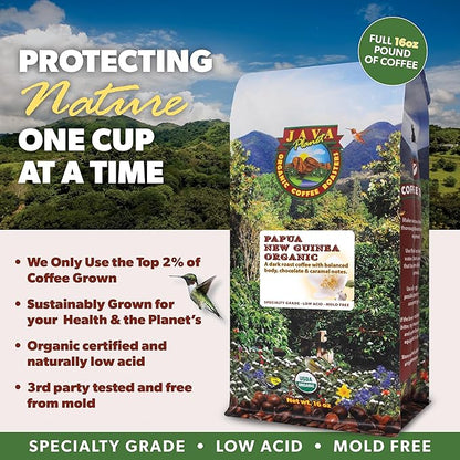 Low Acid Organic Coffee – Whole Bean, Mold-Free & Stomach Friendly by Java Planet, Papua New Guinea Single Origin Coffee, Dark Roast, Smooth Full Flavored, 2x1LB Bag