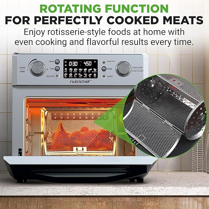 NutriChef 26L Electric Air Fryer Oven | 1700W Countertop Rotisserie & Air Fryer | 360° Rotating Feature | 10 Digital Menu Presets | Includes Drip Tray, Air Frying Basket & Bake Rack 15x16x14 (Silver)