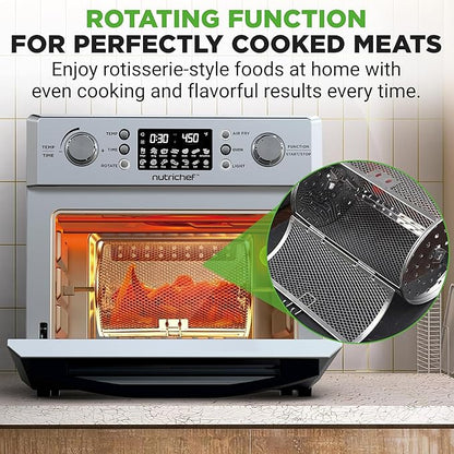 NutriChef 26L Electric Air Fryer Oven | 1700W Countertop Rotisserie & Air Fryer | 360° Rotating Feature | 10 Digital Menu Presets | Includes Drip Tray, Air Frying Basket & Bake Rack 15x16x14 (Silver)