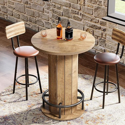 Tribesigns Round Bar Table, 39.4" H Wood Bistro Pub Table with Metal Ring Footrest for Dining Coffee Cocktail Living Room, Small Space, Light Brown(Only Table)