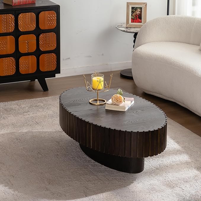 43.31" Oval Drum Coffee Table, Modern Handcraft Fluted Drum Center Table, Wooden Oval Coffee Table Center Table with Sturdy Pedestal for Living Room Apartment (Walnut+Black)