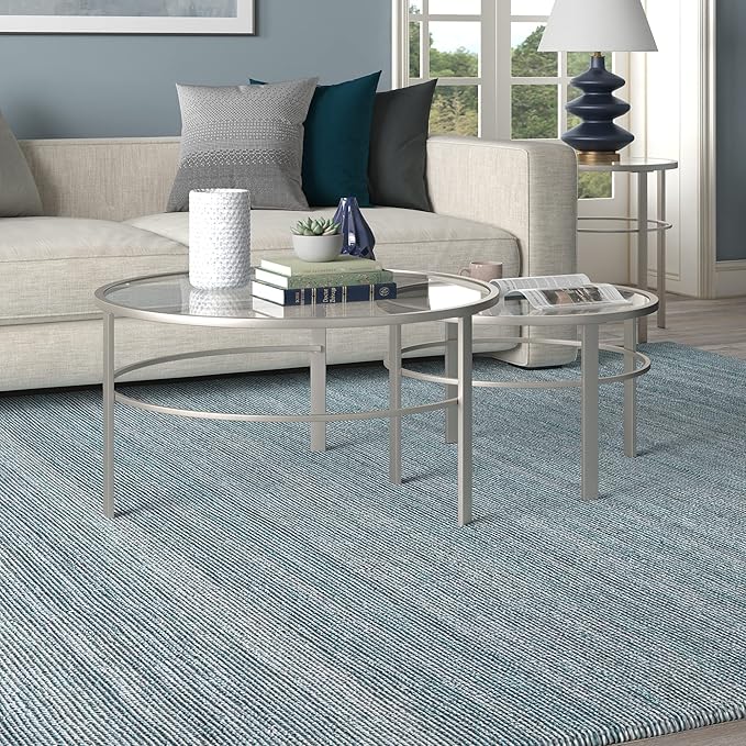 Henn&Hart Round Nested Coffee Table in Satin Nickel, Modern coffee tables for living room, studio apartment essentials, 36" Wide