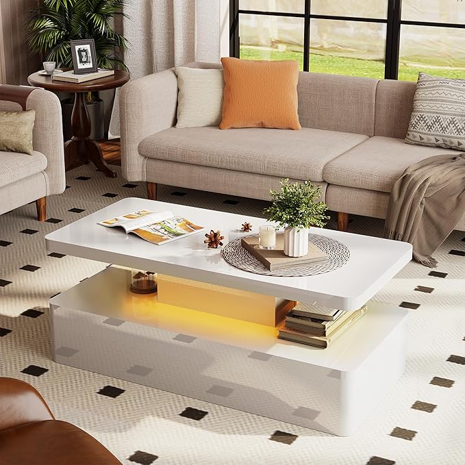 Spurgehom Contemporary Coffee Tables for Living Room, LED Coffee Table with Rounded Corner in 16 Colors, High Gloss 2 Tiers Table with Hidden Power Supply