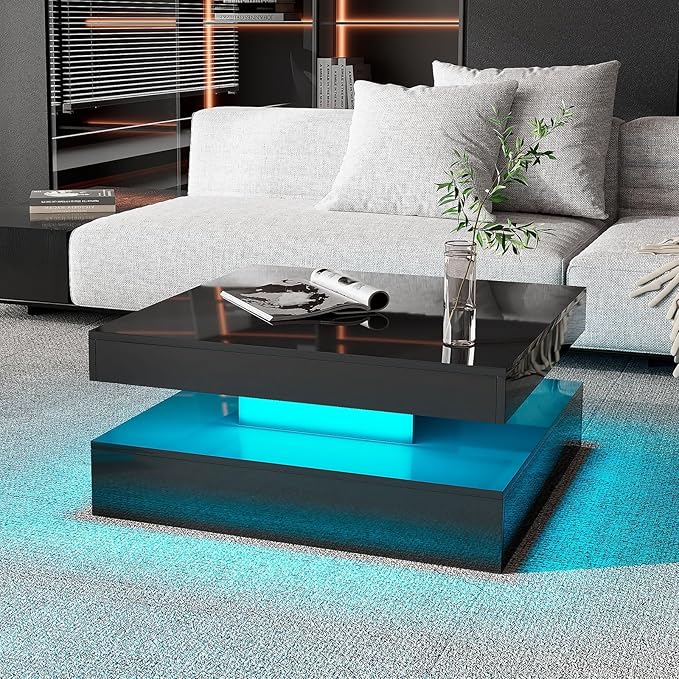 Black LED Coffee Table for Living Room, Living Room Table 2-Tier Square Center Tables, Wood Coffee Tables with Storage, Tea Table for Dining Reception Room