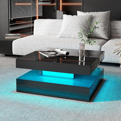 Black LED Coffee Table for Living Room, Living Room Table 2-Tier Square Center Tables, Wood Coffee Tables with Storage, Tea Table for Dining Reception Room