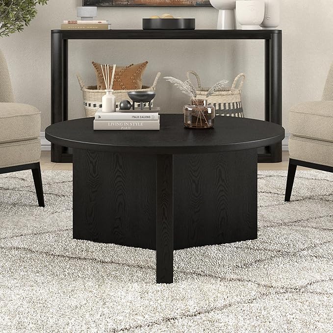 Henn&Hart 32" Round Wood Pedestal Coffee Table for Living Room, Family Room, Office, or Apartment, Black Grain