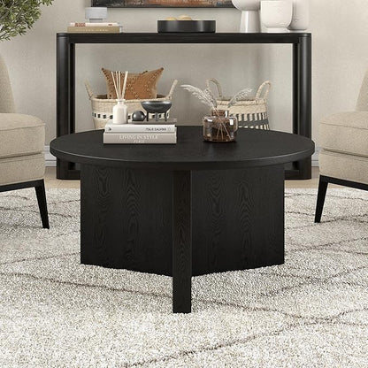 Henn&Hart 32" Round Wood Pedestal Coffee Table for Living Room, Family Room, Office, or Apartment, Black Grain