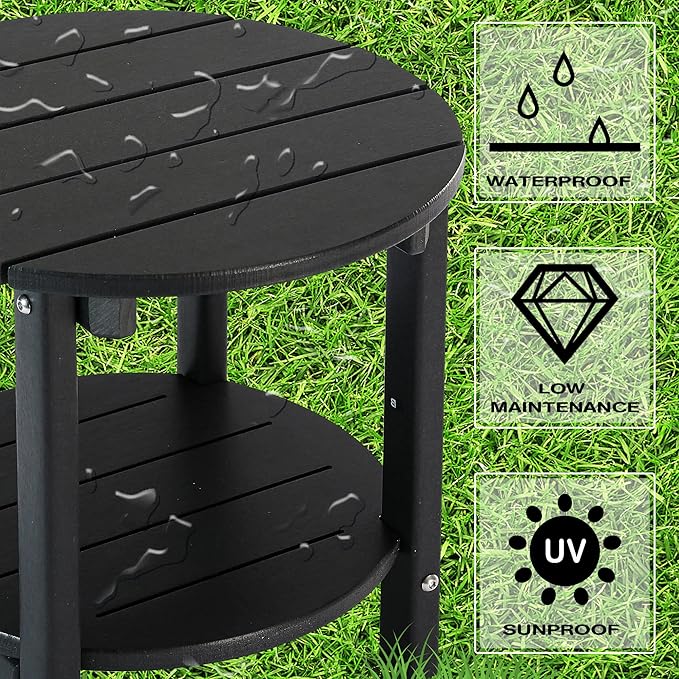 LZRS Round Adirondack Side Table Double End Table, Outdoor Side Tables for Patio, Backyard,Pool, Indoor Companion, Easy Maintenance & Weather Resistant(Black)
