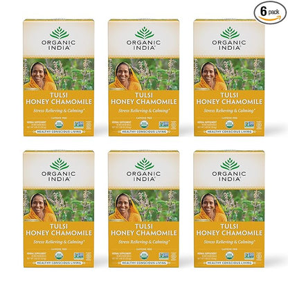 Organic India Tulsi Honey Chamomile Herbal Tea - Holy Basil, Stress Relieving & Calming, Immune Support, Adaptogen, Vegan, USDA Certified Organic, Caffeine-Free - 18 Infusion Bags, 6 Pack
