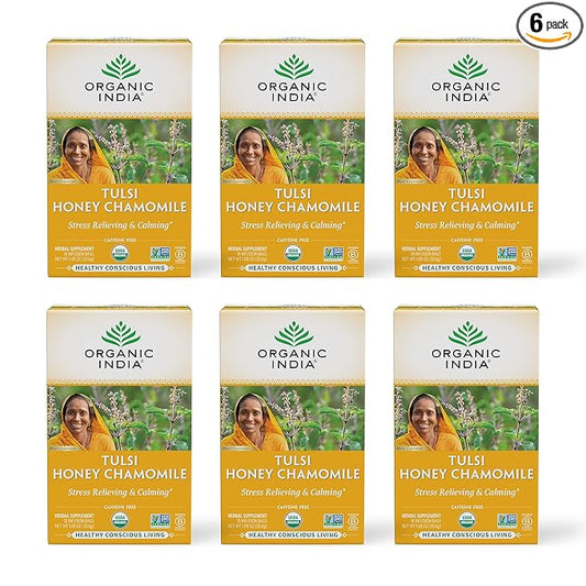 Organic India Tulsi Honey Chamomile Tea Bags - Herbal Tea for Stress Relieving & Calming, Immune Support, Adaptogen, Gluten-Free, USDA Certified Organic, Caffeine-Free - 18 Infusion Bags, 6 Pack
