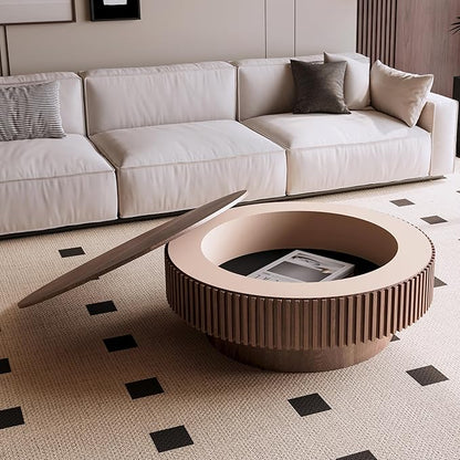 39 Inch Round Drum Coffee Table with Storage, Modern Handcraft Fluted Drum Coffee Table, Wooden Round Cocktail Tea Table Center Table with Sturdy Pedestal for Living Room Apartment (Walnut)