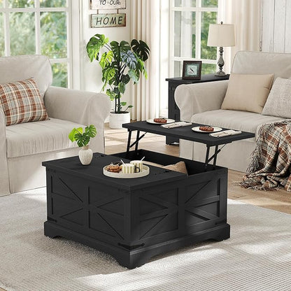 Furnideco Farmhouse Lift Top Coffee Table, Square Wood Center Table with Large Hidden Storage Compartment for Living Room, Rustic Cocktail Table with Hinged Lift Top for Home, Black