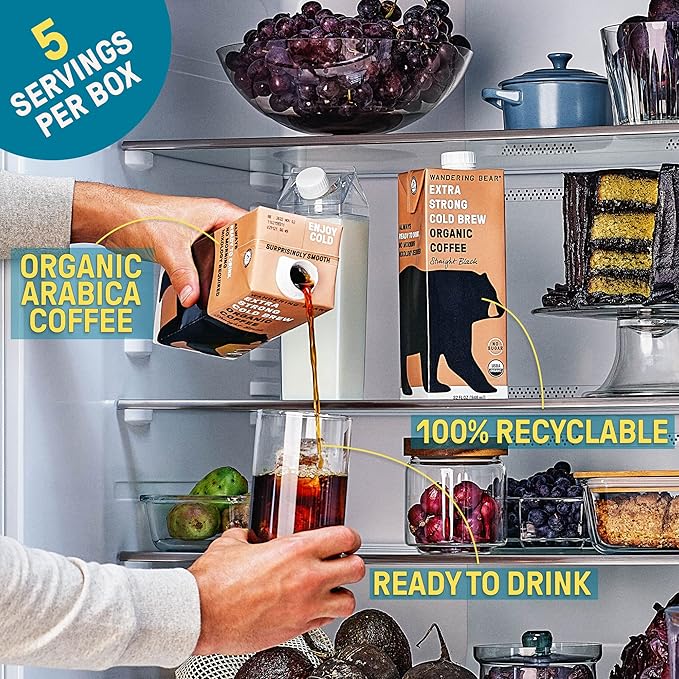 Wandering Bear Organic Vanilla Cold Brew Coffee, 32 fl oz, 6 pack - Extra Strong, Bold, Smooth, Unsweetened, Shelf-Stable, Ready to Drink, Gluten Free, & Vegan, Iced Cold Brewed Coffee Drinks