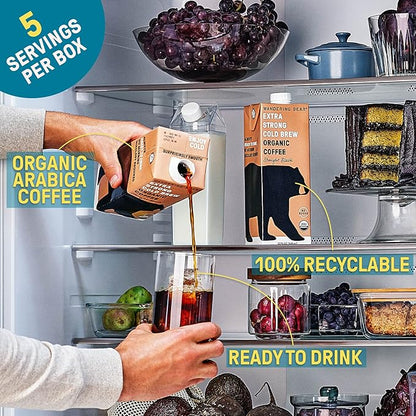Wandering Bear Organic Vanilla Cold Brew Coffee, 32 fl oz, 6 pack - Extra Strong, Bold, Smooth, Unsweetened, Shelf-Stable, Ready to Drink, Gluten Free, & Vegan, Iced Cold Brewed Coffee Drinks