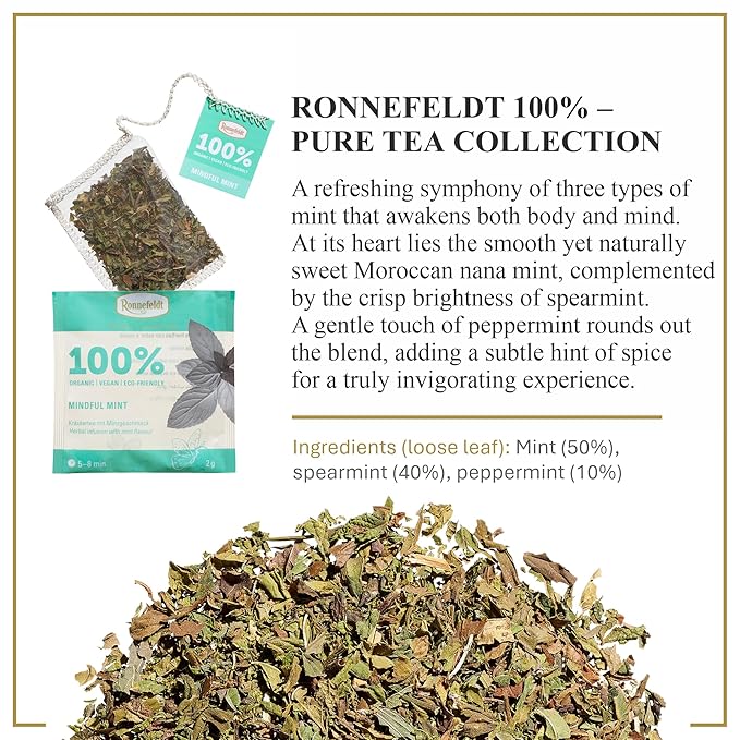 Ronnefeldt 100% Mindful Mint – German Herbal Tea with Mint, Spearmint & Peppermint – Loose Leaf in 15 Individually Wrapped Bags – Naturally Caffeine-Free
