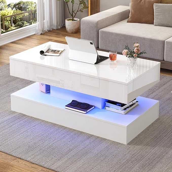 39.4" Large Lift Top Coffee Table,Modern High Glossy LED Coffee Tables for Living Room with Storage,Black Living Room Tables for Living Rooms,Dining Room,Bedroom Home Office,APP LED Lights（White）