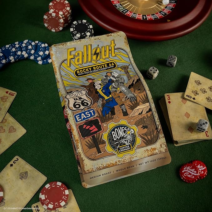 Bones Coffee Company Fallout Rocky Route 66, Rocky Road Flavored Coffee, Medium Roast Low Acid Arabica Beans Compatible with Auto drip and French Press Coffee Maker, 12 Oz Ground