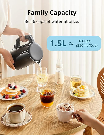 COMFEE' Electric Kettle and Tea Kettle, 1.5L Double Wall, Stainless Steel Interior, Lid & Spout, Fast Boil, Auto-Off, and Boil-Dry Protection, 1500W