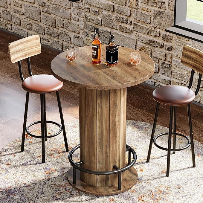 Tribesigns Round Bar Table, 39.4" H Wood Bistro Pub Table with Metal Ring Footrest for Dining Coffee Cocktail Living Room, Small Space, Brown(Only Table)