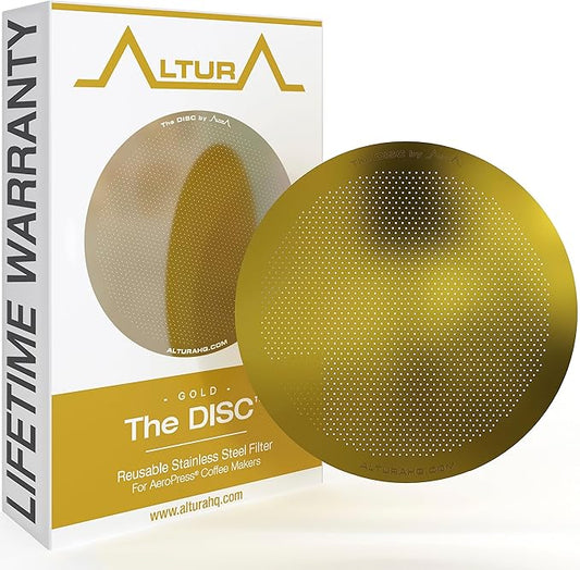 ALTURA The DISC Stainless Steel Filter for AeroPress Coffee Makers – Reusable Metal Filter Replacement for Rich Flavor, Travel, and Eco-Friendly Brewing (Limited Edition GOLD)