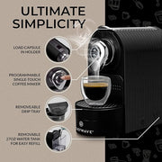 ChefWave Espresso Machine and Coffee Maker (Black) - Compatible with Nespresso Capsules, Programmable, One-Touch, Italian 20 Bar High-Pressure Pump Bundle with Pod Holder and Glasses