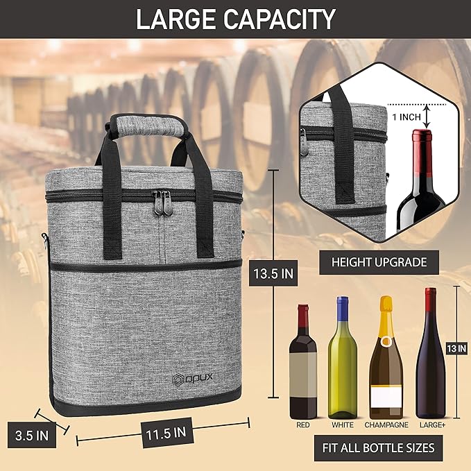 opux 3 Bottle Wine Carrier Tote, Insulated Leakproof Wine Cooler Bag, Wine Travel Bag Tote for Picnic BYOB Beach, Portable Wine Bottle Carrying Case, Gift for Wine Lover Women Men Christmas, Grey