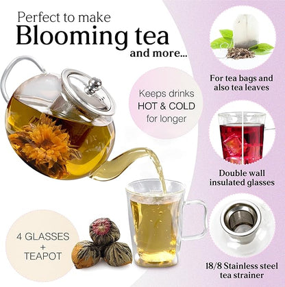 40 Oz Unique Glass teapot Set with 4 double wall insulated Cups, Tea Kettles for Stovetop With Infusers For Loose Tea, Perfect Mom Gift