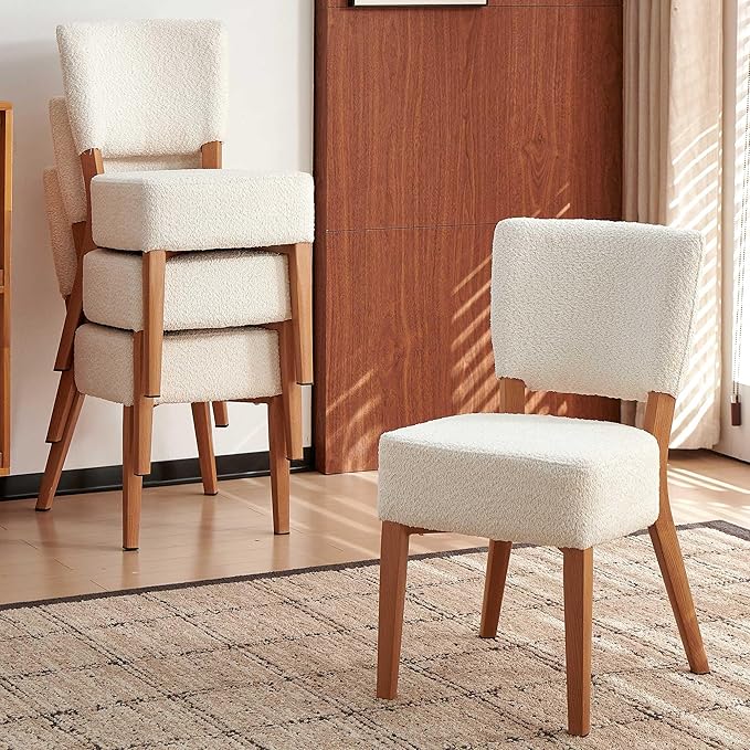 Howtek Modern Dining Chairs Set of 4 with 6.3" Thick Seat Cushions, Space-Saving Stackable Upholstered Kitchen Chairs, Ergonomic Backrest & Metal Legs, White