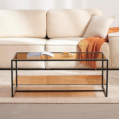 Shrine Brown Glass Coffee Table, Modern Design, Dual-Layer Coffee Table for Living Room, Black Metal Frame, Brown Glass Top