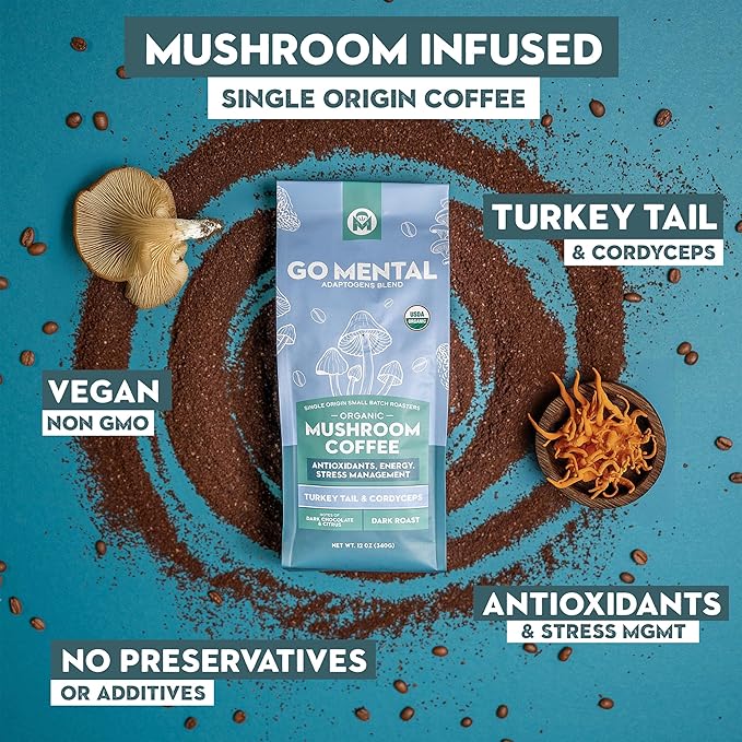 Organic Turkey Tail & Cordyceps Mushroom Coffee Dark Roast, Full Fruiting Body, Antioxidants, Immune System support, overall wellness | Grade 1 Single Origin Peruvian | 12oz - Ground