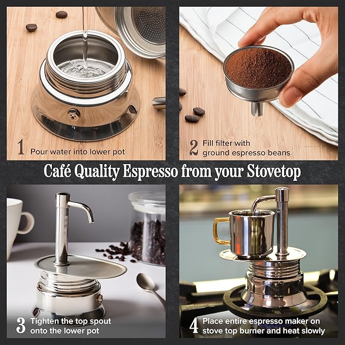 Kings County Tools Single Spout 1 Cup Coffee Maker - Stainless Steel Stovetop Espresso Maker - Italian Coffee Machine for Espresso, Cappuccino, and Mocha - Portable Brew Pot for Home or Camping