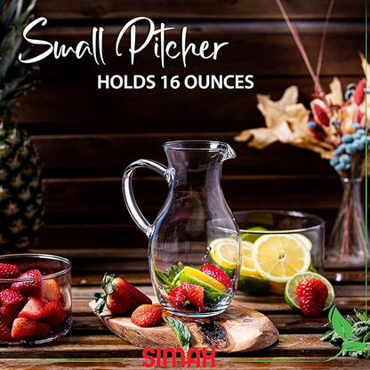 Simax Small 16 Ounce Borosilicate Glass Pitcher with Handle - Montessori Kids Pitcher with Spout for Orange Juice, Milk, Tea