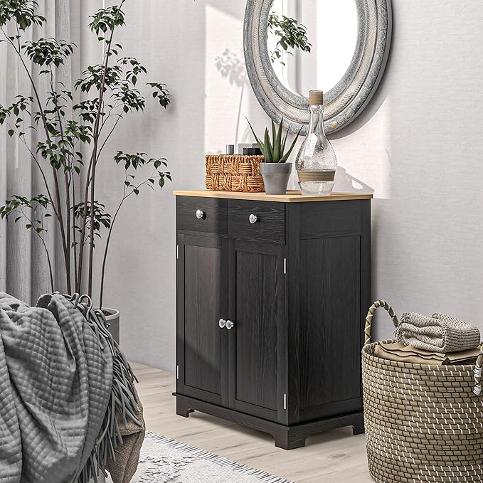 HOMCOM Sideboard with Solid Wood Countertop, Modern Kitchen Storage Cabinet, Coffee Bar Cabinet with 2 Drawers, Doors and Adjustable Shelf, Distressed Black