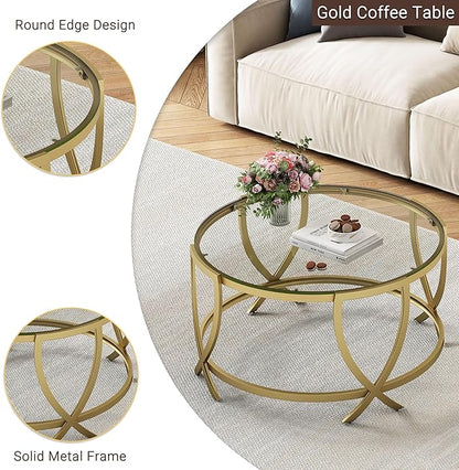 ASYA Round Coffee Table for Living Room, Gold Coffee Table with Tempered Glass & Metal Frame, Modern Glass Living Table for Home&Office