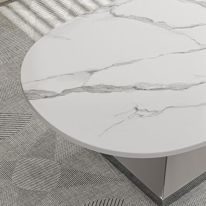 Modern Coffee Table with Silver Stainless Steel Pedestal,Oval Living Room Table with Faux Marble Top,Sintered Stone Cocktail Center Table Marble Grain,51.20inch
