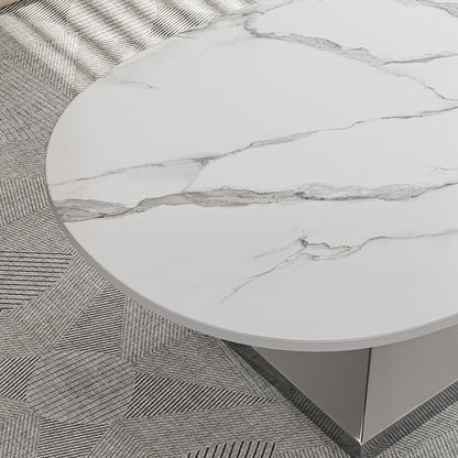 Modern Coffee Table with Silver Stainless Steel Pedestal,Oval Living Room Table with Faux Marble Top,Sintered Stone Cocktail Center Table Marble Grain,51.20inch