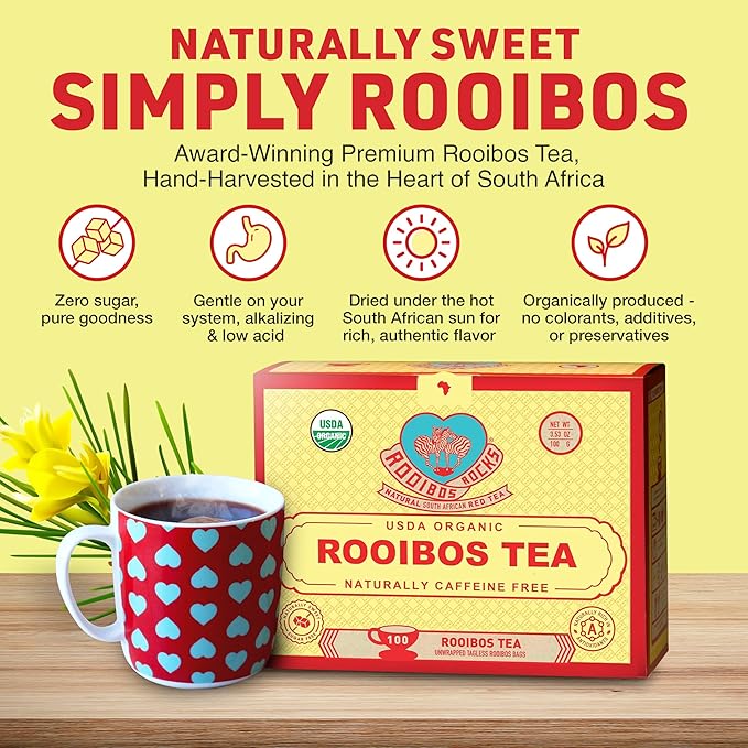 Organic Red Rooibos Tea Bags 100 Count - Naturally Sweet Herbal Tea Safe for Children & Pregnant Women - Low Tannin, Premium South African Caffeine Free Tea Bags Sustainably & Ethically Farmed