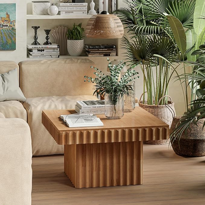 Modern Square Fluted Wood Coffee Table with Natural Oak Finish, Geometric Accent Table Chunk Table for Living Room, Sturdy Rectangular Minimalist Centerpiece, Brown, Farmhouse