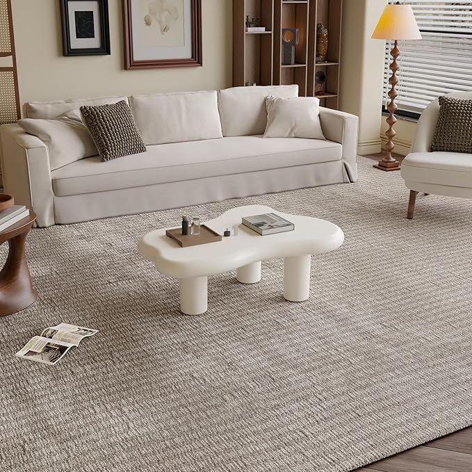 Irregular-Shaped Coffee Table, 39.37" Cream White Center Table with 3 Legs, Cartoon Indoor Tea Table for Living Room, Home Office, Easy to Assemble