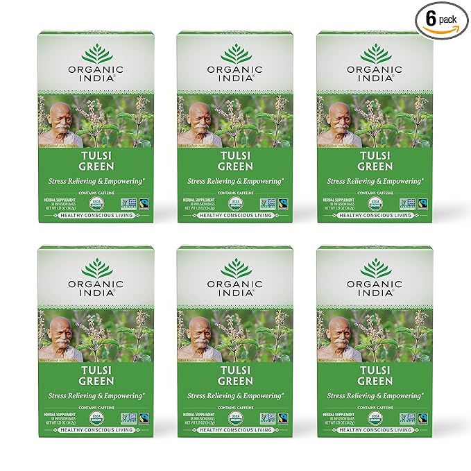 Organic India Tulsi Green Tea Bags - Holy Basil Tea, African Basil, Stress Relieving, Immune Support, USDA Certified Organic, Premium Darjeeling Green Tea, Caffeinated - 18 Infusion Bags, 6 Pack