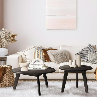 23.6" Coffee Table Mid Century Modern Farmhouse Round Nesting Stacking, Vintage Rustic Solid Wood, Black Accent Coffee Table for Living Room, Bedroom & Office, Espresso