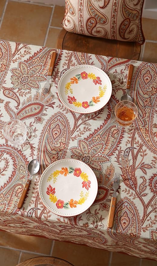 Designer French Red Square Tablecloth,Fall Linen Table Cloth with Cashew Pattern,Stain Proof Decor Tablecloths for Dining Thanksgiving Kitchen Christmas,67"*67"-Chauffrey D