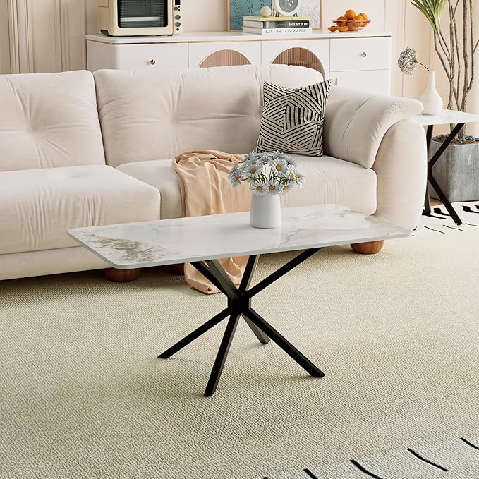 Faux Marble Coffee Table, Rectangle Modern Style Sintered Stone Living Room Table with Metal Legs for Home Office Living Room (White, 40" x 20" x 18")