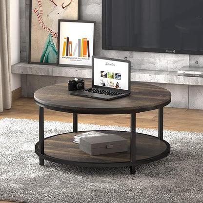 NSdirect 36 inches Round Coffee Table, Rustic Wooden Surface Top & Sturdy Metal Legs Industrial Sofa Table for Living Room Modern Design Home Furniture with Storage Open Shelf(Rustic Brown)