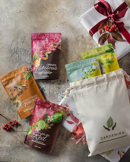Gardenika Loose Leaf Tea Set, Herbal Caffeine-Free Set - Rooibos, Spearmint, Chamomile, Hibiscus, Tulsi, Turmeric, Ginger Teas – 5 Pack Assortment (10 oz)