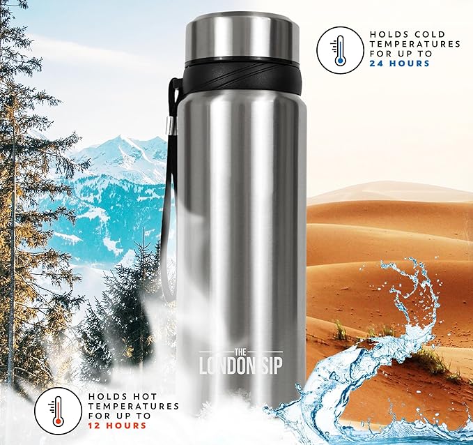 London Sip 25 oz Multi-Function Travel Mug and Tumbler Tea Infuser Water Bottle Fruit Infuser Flask Hot and Cold Double Wall Stainless Steel Coffee Thermos, Cosmic Silver