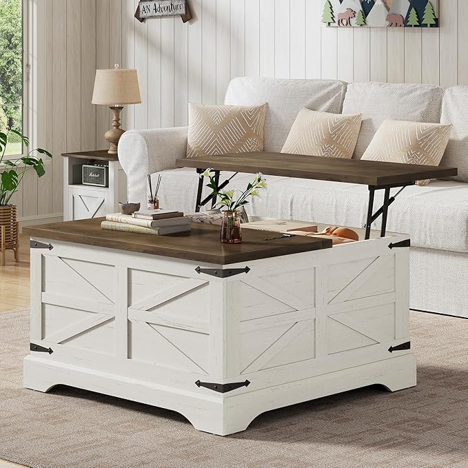 Furnideco 35.5''W Square Coffee Table Farmhouse Lift top Coffee Table with Large Hidden Storage, Wood Center Table for Living Room, Home Office, Brown Top