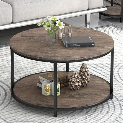 Round Coffee Table, Rustic Wooden Surface Top & Sturdy Metal Legs Industrial Sofa Table for Living Room Modern Design Home Furniture with Storage Open Shelf (Walnut, 27.6 in)