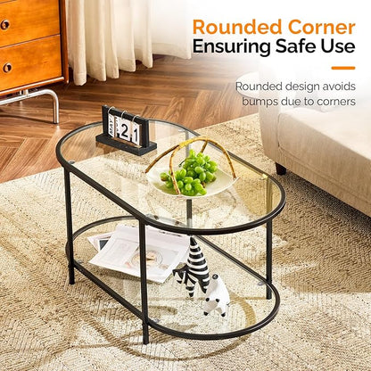 VINGLI Glass Coffee Table, 38" Oval Coffe Table for Home Decor, Modern Tea Table with 2-Tier Storage, Skinny Coffee Tables for Living Room, Office, Small Space, Black