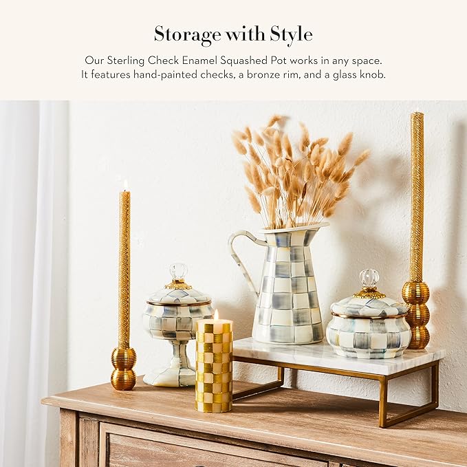 MACKENZIE-CHILDS Enamel Squashed Pot, Cute Enameled Container with Lid, 20 Ounces, Gray-and-White Sterling Check